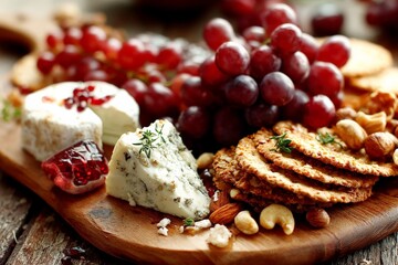Poster - Cheese and grape platter with crackers and nuts served on a rustic wooden board during a cozy gathering