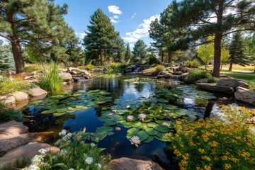 Poster - Beautiful garden pond with lily pads and vibrant flowers in a serene natural setting under a clear blue sky