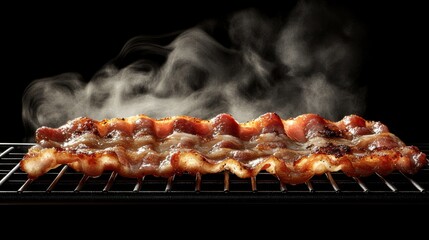 Poster - Bacon strips cooling on a wire rack after frying, with steam rising and the marbled fat glistening under the light.