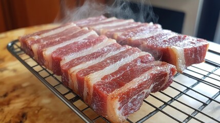 Poster - Bacon strips cooling on a wire rack after frying, with steam rising and the marbled fat glistening under the light.