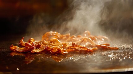 Poster - Bacon strips sizzling on a flat top grill, with detailed focus on the grease bubbling and the edges turning crispy and golden.