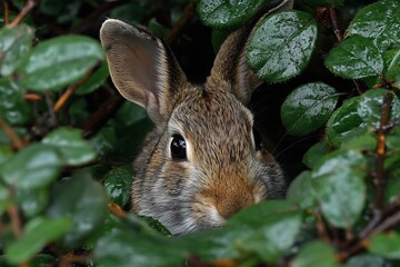 Poster - Rabbit peeks through lush green leaves in a tranquil garden during a sunny afternoon