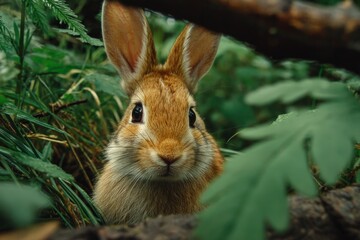 Aufkleber - Curious rabbit peeking through green foliage in a tranquil forest setting during daytime