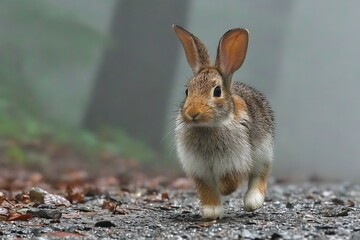 Poster - Rabbit running on a misty forest path surrounded by wet leaves and trees during early morning hours