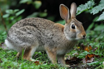 Poster - Rabbit foraging in a lush green garden during a sunny afternoon in late spring