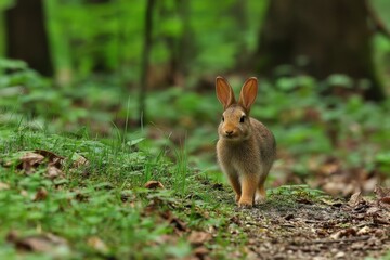 Aufkleber - Small brown rabbit exploring a forest path surrounded by green foliage during the day