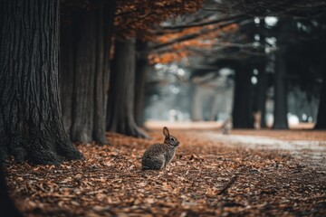 Poster - Rabbit sitting among fallen autumn leaves in a forest during the early afternoon
