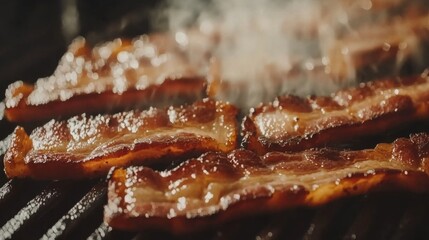 Poster - Close-up of bacon slices sizzling on a grill, with char marks and golden fat dripping off the crispy edges.