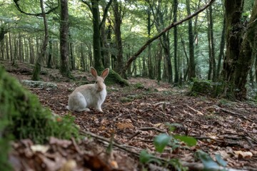 Aufkleber - Wild rabbit resting amidst lush green forest during late afternoon light in tranquil natural habitat