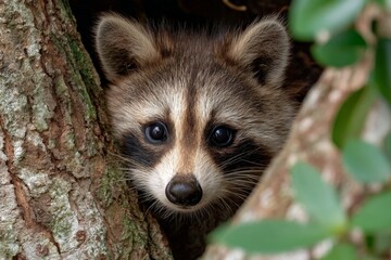 Poster - Curious raccoon peeking from behind tree trunk in a forest during daylight hours