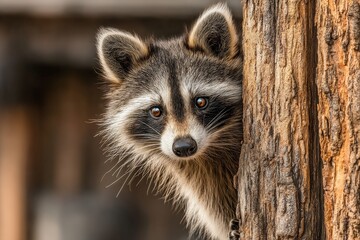 Poster - Raccoon peering from behind a tree trunk in a natural setting during daylight hours