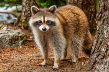 Poster - Raccoon exploring forest floor near trees under soft daylight