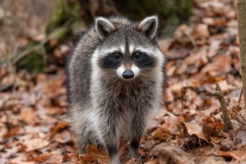 Poster - Raccoon exploring forest floor covered with autumn leaves during daytime in a serene woodland environment