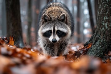 Aufkleber - Raccoon exploring a forest covered in autumn leaves during a foggy morning