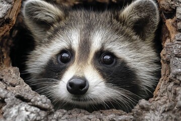 Poster - Raccoon peeking from tree hollow in a forest during daylight hours in early spring