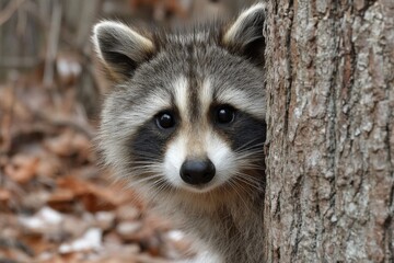 Poster - Curious raccoon peeks from behind a tree in a forest during autumn