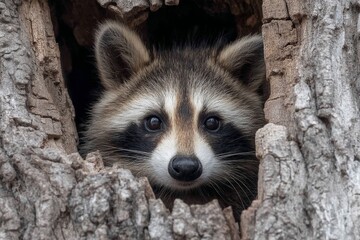 Poster - Curious raccoon peeks out from tree hollow in a natural habitat during daylight