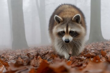 Poster - Raccoon explores a foggy forest floor covered with autumn leaves in the early morning light