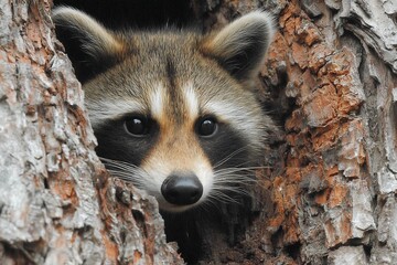 Poster - Raccoon peeking from a tree hollow in a forest during daylight hours