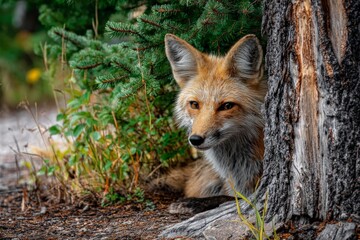 Aufkleber - Fox resting in the shade of a tree in a forest during a sunny day in summer