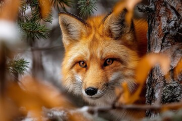 Poster - Fox peeks through autumn foliage in a tranquil forest setting during the early morning hours