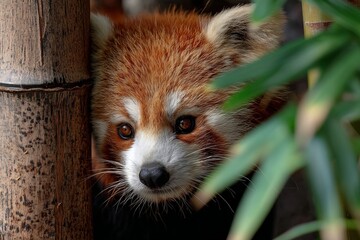 Poster - Red panda peeking through bamboo at a wildlife sanctuary on a sunny afternoon