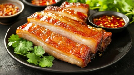 Poster - Crispy, caramelized pork belly fried with fish sauce, served on a sleek black plate, surrounded by fresh green herbs and a small dipping bowl of spicy sauce.