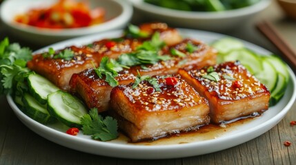 Aufkleber - Crispy, golden-brown slices of pork belly glistening with fish sauce, served on a white plate alongside a garnish of fresh herbs and sliced vegetables.