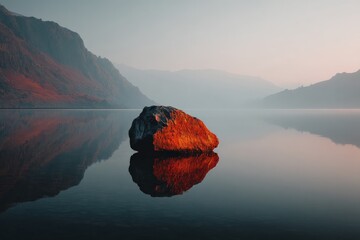 Aufkleber - Quiet morning reflection on a solitary rock in a serene lake surrounded by mountains at sunrise