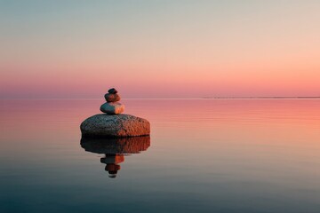 Poster - Rocks balanced on a stone in calm water during sunset with colorful sky reflecting on the surface