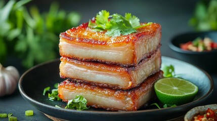 Aufkleber - Golden, crispy pork belly pieces fried to perfection, stacked on a traditional Thai plate, with fresh lime, coriander, and garlic as garnish.