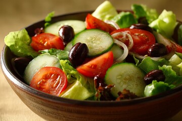 Poster - Fresh garden salad with tomatoes, cucumbers, and olives served in a wooden bowl at a dining table