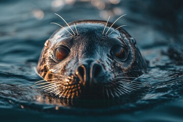 Poster - Seal swimming in calm waters during sunset near rocky coastline