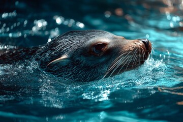 Poster - Seal swims gracefully in a vibrant blue pool surrounded by shimmering water in a serene environment