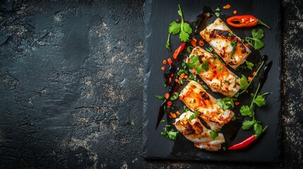 Aufkleber - Grilled prawns served on a dark stone plate, artfully plated with coriander and chili on the side, against a neutral-toned background.