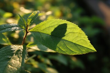 Poster - Sunlight casting a shadow on a vibrant green leaf in a tranquil garden setting during late afternoon