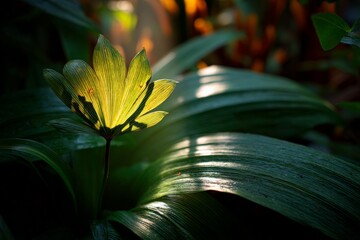 Poster - Close-up view of a vibrant green leaf illuminated by sunlight in a lush garden setting