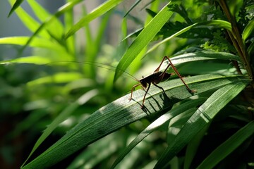 Aufkleber - Close-up of a grasshopper resting on a green leaf in a vibrant garden during mid-morning light