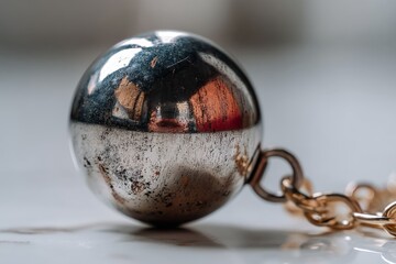 Aufkleber - Metallic sphere reflecting surroundings captured in close-up showcasing detailed surface imperfections and golden chain