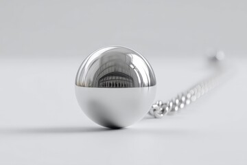 Poster - Reflective metal sphere pendant on chain displaying intricate details of a nearby structure