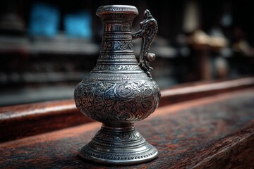 Aufkleber - Decorative silver jug displayed on a wooden surface with intricate designs in a traditional setting