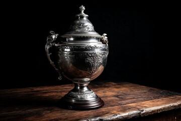 Aufkleber - Antique silver trophy resting on a wooden table in a dimly lit space showcasing its intricate design and craftsmanship