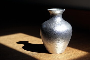 Aufkleber - Silver vase casting a delicate shadow on wooden surface in dim light during early afternoon