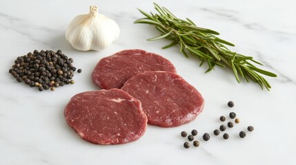Poster - Thick steak fillets resting on a marble countertop, surrounded by fresh rosemary, garlic cloves, and black peppercorns ready for grilling.