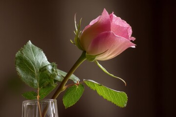 Aufkleber - Softly lit pink rose in a glass vase with green leaves on a dark background showcasing elegant beauty