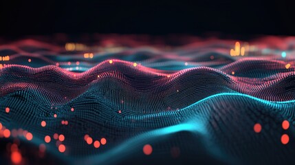 Poster - Abstract digital wave, glowing particles forming undulating pattern in vibrant teal and red hues on dark background