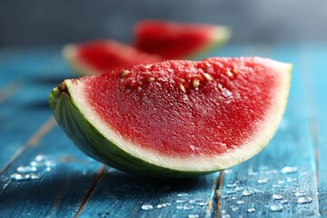 Poster - Fresh watermelon slices arranged on a blue wooden table with droplets of water glistening under soft light
