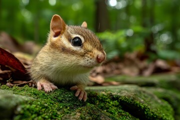 Aufkleber - Chipmunk exploring the forest floor during a sunny day in spring
