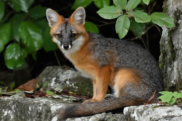 Poster - Wild fox sitting on rocks in a lush green environment during the daytime