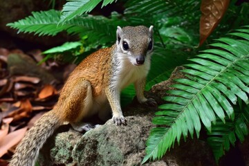 Poster - Squirrel perched on a rock surrounded by lush greenery in a tropical forest during daytime